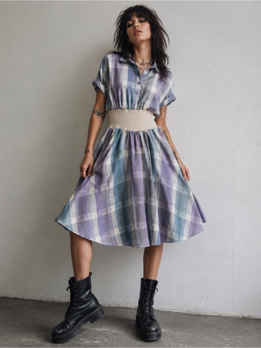 Vintage Lavender and Blue Plaid Midi Dress with Smocked Waist